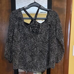 INC International Concepts Black Blouse with White Dot Print and Strappy Back